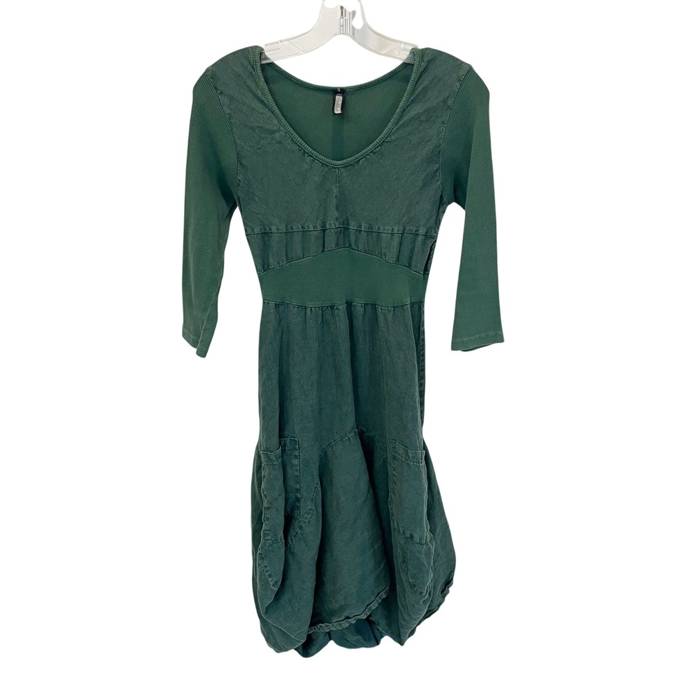 Inizio Italy Lagenlook Dress Green Linen Mixed Media Artsy Midi Pockets SMALL